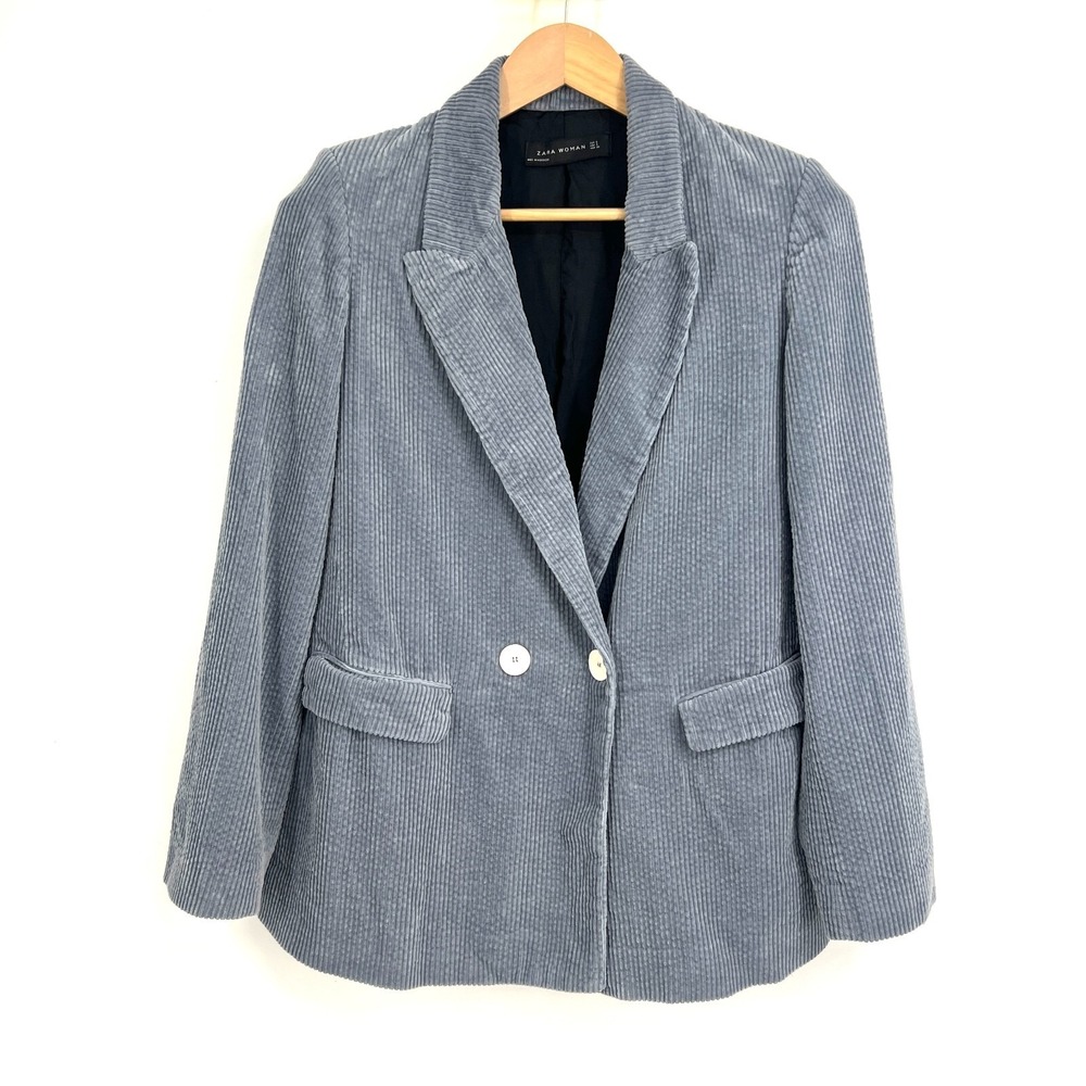 Zara Woman Double Breasted Corduroy Blazer Jacket Size‎ S Blue Cotton Oversized